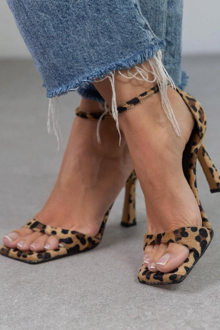 Women’s Leopard Print High Heels – April Square Toe Stiletto Pumps with Ankle Strap
