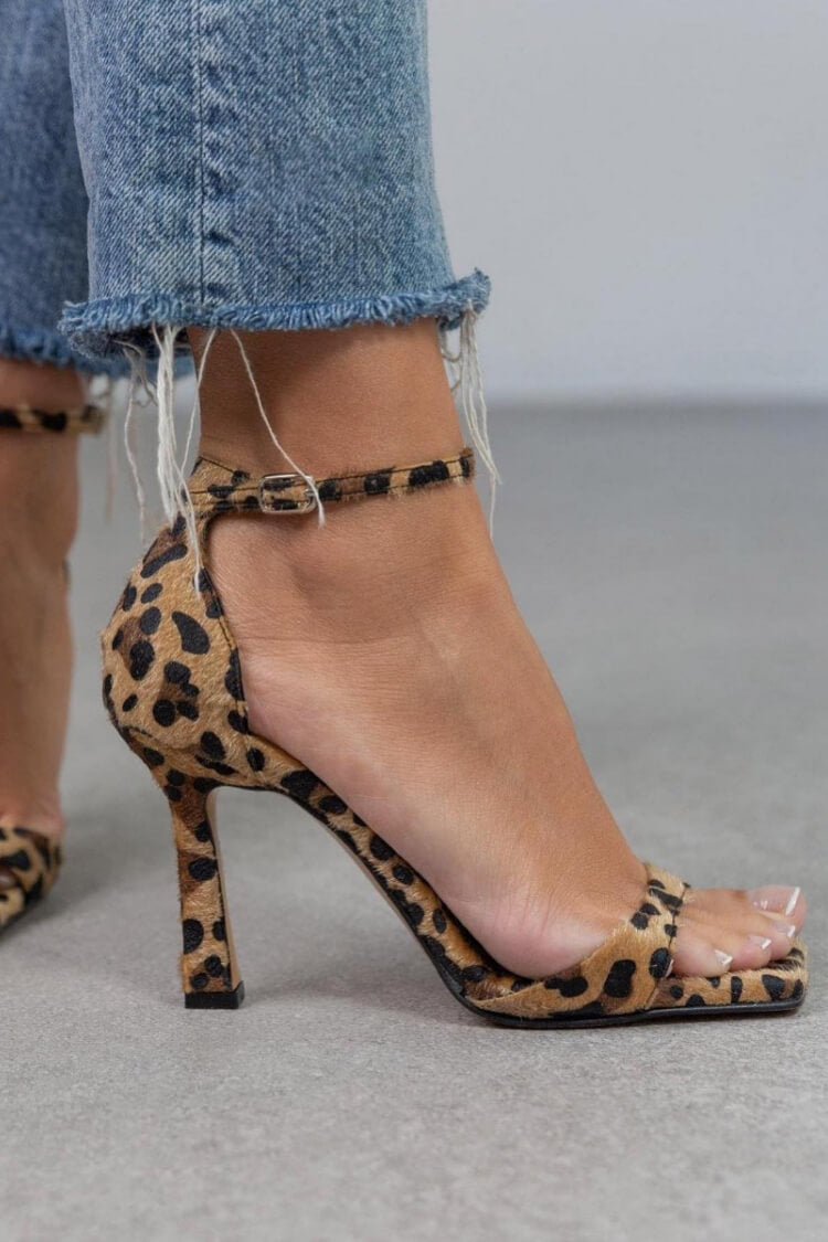 Women’s Leopard Print High Heels – April Square Toe Stiletto Pumps with Ankle Strap